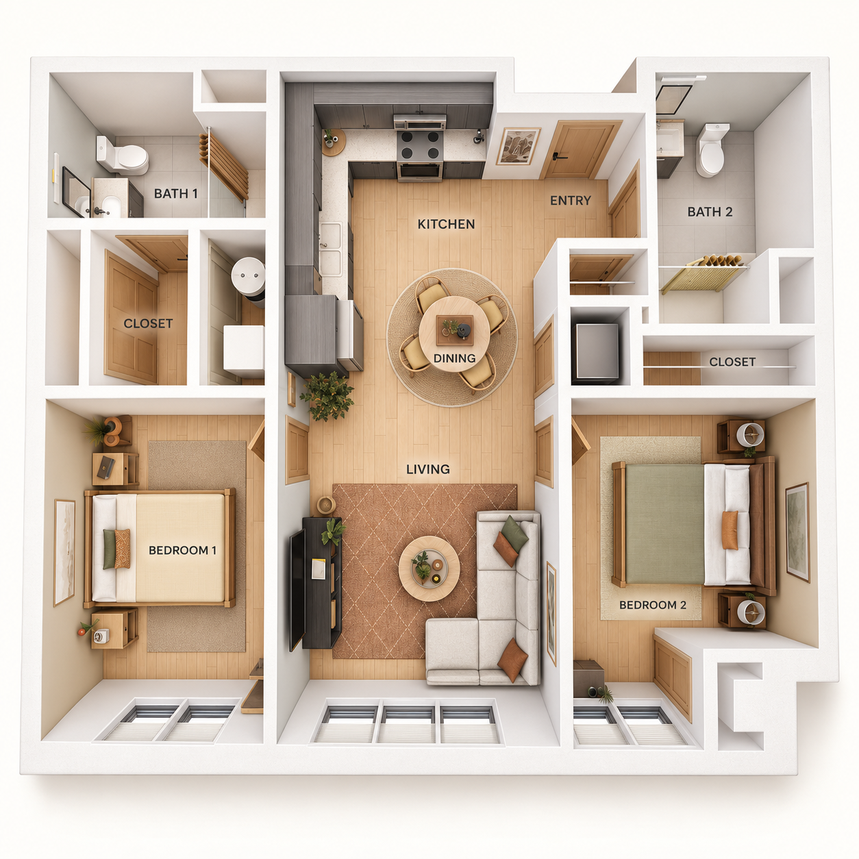 Dollhouse view floor plan rendering of a Campus View 2 bedroom unit
