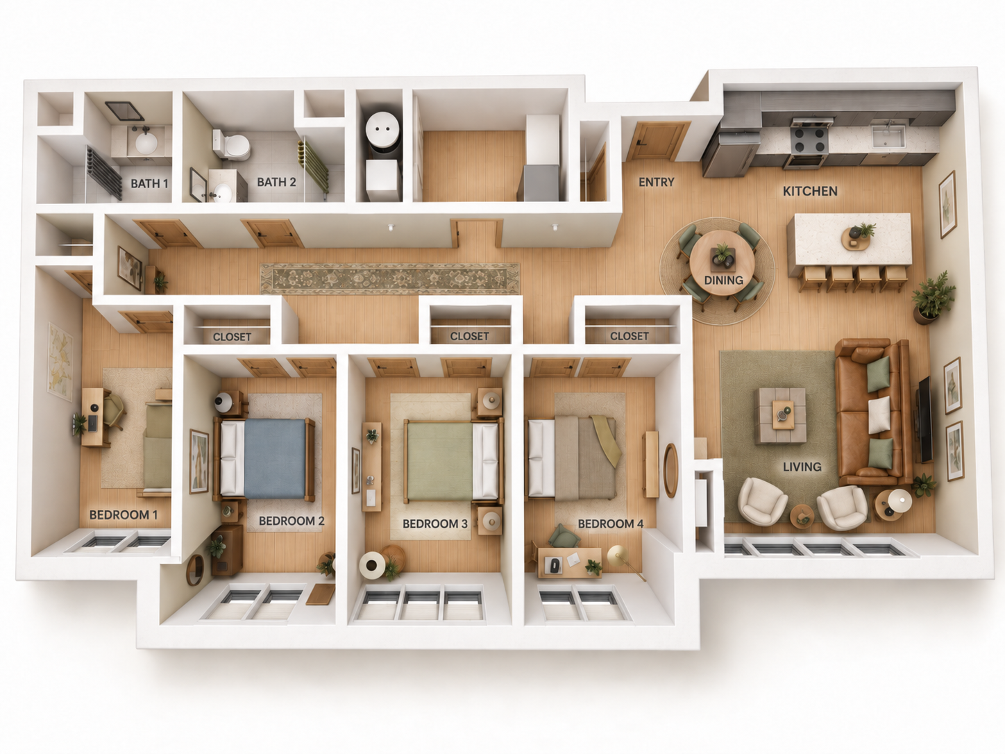 Dollhouse view floor plan rendering of a Campus View 4 bedroom unit