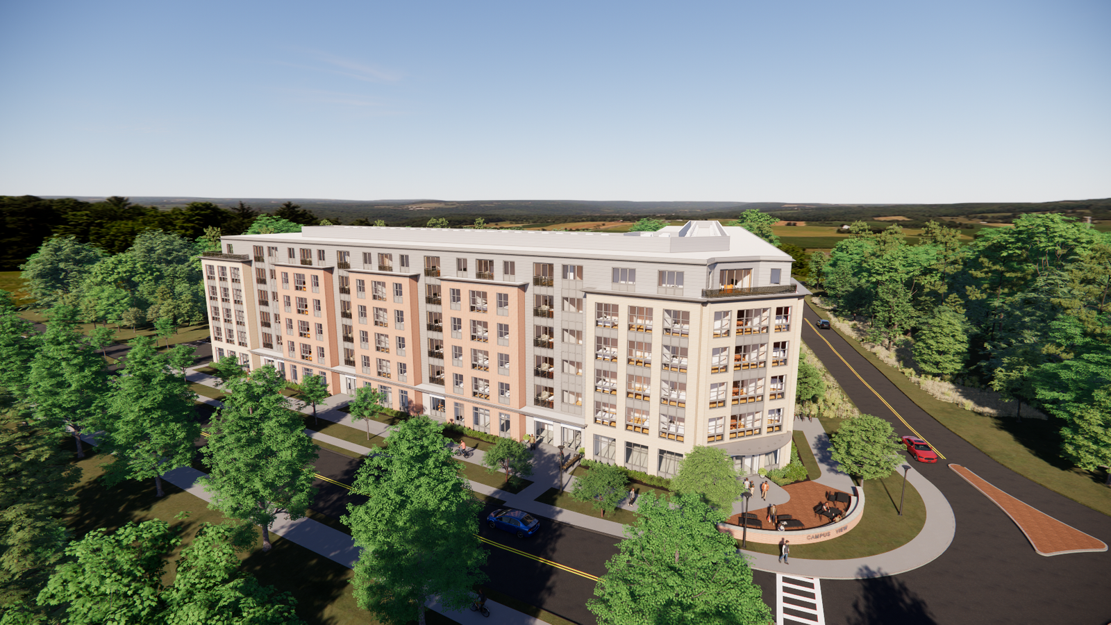 Aerial exterior rendering of Campus View Amherst