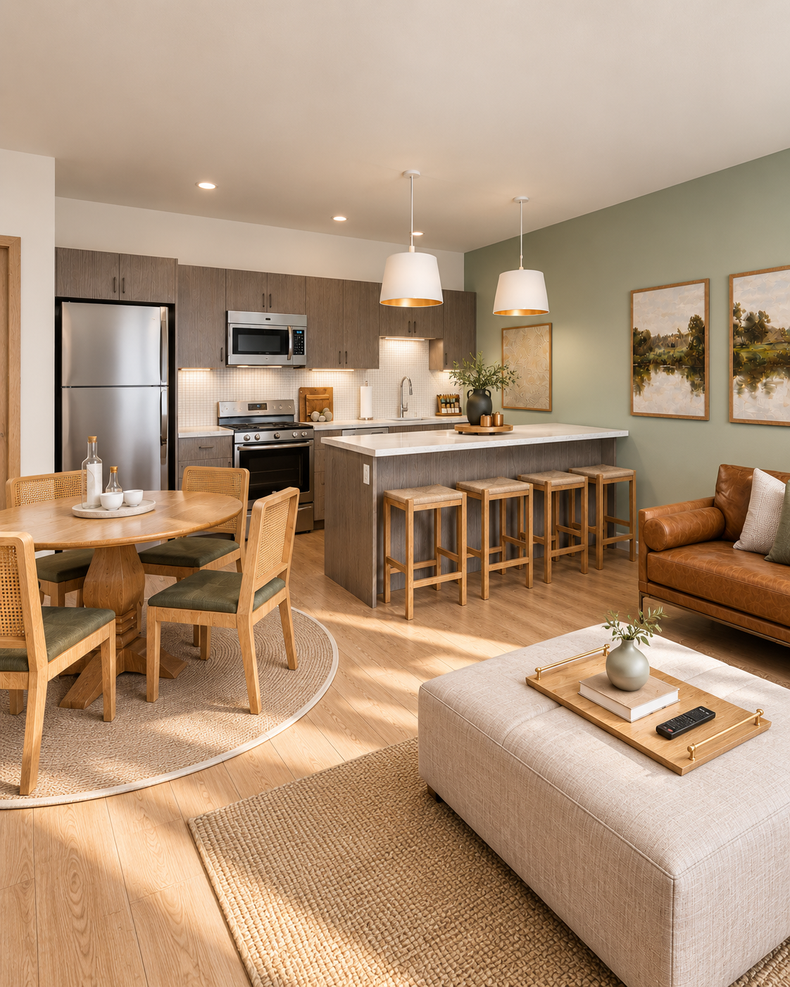 Rendering of a Campus View apartment kitchen and living area