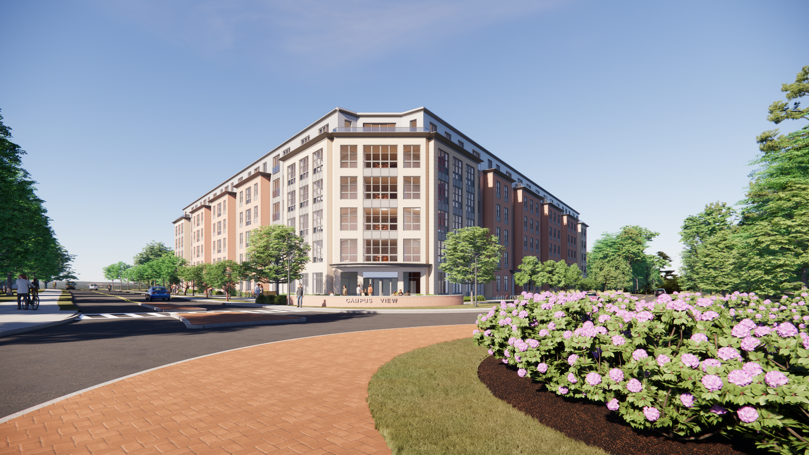Street level exterior rendering of Campus View Amherst at 5 University Drive